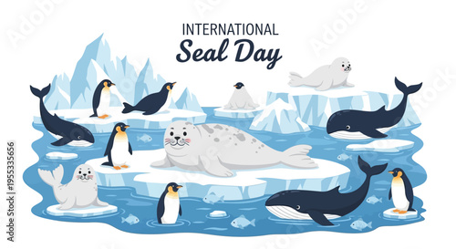 Illustration of various seal species on icebergs and in water for International Seal Day, promoting marine mammal conservation awareness with a cool, calming mood.