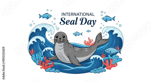 Vector illustration of a seal surrounded by ocean waves and coral for International Seal Day, promoting marine mammal conservation awareness with a colorful design.
