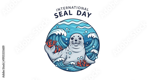 Vector illustration of a seal swimming in waves with fish, celebrating International Seal Day for marine mammal conservation awareness.