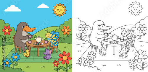 Adorable Cartoon Platypus and Butterfly Having a Tea Party Outdoors with Stuffed Animals