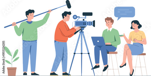 Professional television film crew with camera man and sound engineer recording interview with guest in studio flat vector illustration.