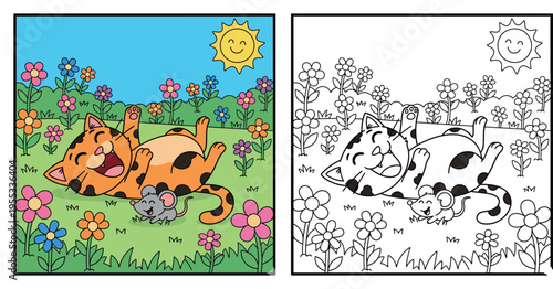 Adorable Cartoon Cat and Mouse Playing Happily in a Sunny Flower Garden - Whimsical Summer Scene