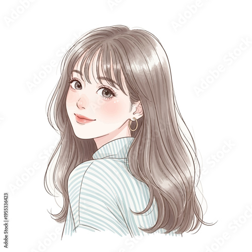 cartoon woman with long hair and bangs smiling