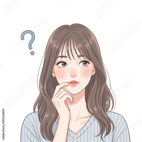 Cute cartoon woman with question mark thinking face expression