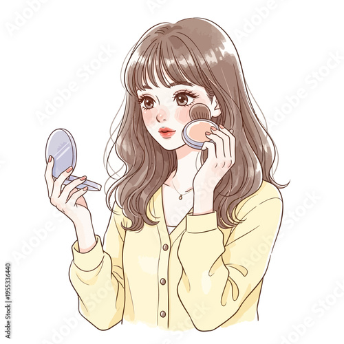 Woman applying makeup with a compact powder and handheld mirror