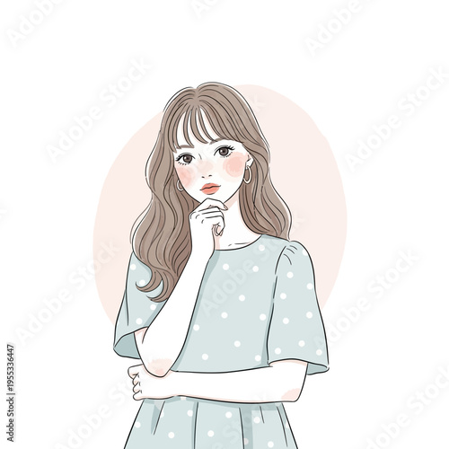 Cartoon woman with long brown hair thinking in blue dress