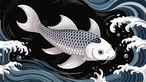 A digital illustration of a large koi fish swims through turbulent waves and water.