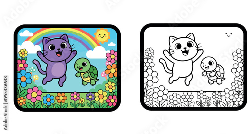Joyful Cartoon Purple Cat and Green Turtle Under a Rainbow in a Vibrant Flower Garden