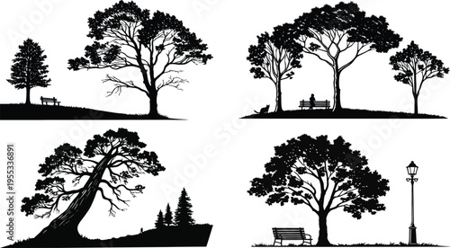 Collection of tree silhouettes in various park settings with benches and lamp posts