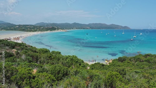 Villasimus, Sardegna. Amazing aerial view of the bay of the beach Porto Giunco, Time Ama, Serr'e Morus. Sea of Sardinia one of the most beautiful in Italy. Summer time