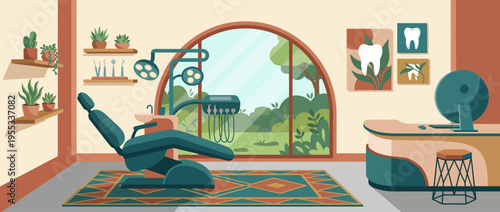 This image showcases a contemporary dental office with lush greenery visible through its large window, creating a calm and welcoming environment for clients seeking dental care.