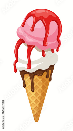 A tempting illustration of a delicious ice cream cone with two scoops drizzled in vibrant syrup, symbolizing summer joy and indulgence in delightful treats.