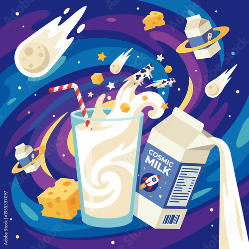 A vibrant, whimsical illustration of a glass of cosmic milk, featuring playful, floating elements like cheese and stars, capturing the essence of creativity and imagination in space.