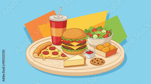 This vibrant illustration showcases a tempting fast food assortment, featuring a burger, pizza slice, salad, and drink, capturing the essence of casual dining delights.