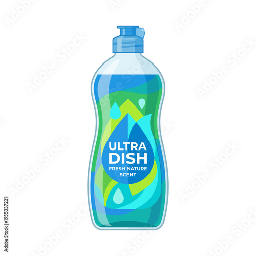 An exciting illustration of a dish soap bottle, prominently showcasing its fresh nature scent packaging that emphasizes cleanliness and eco-friendly living in a vibrant design.