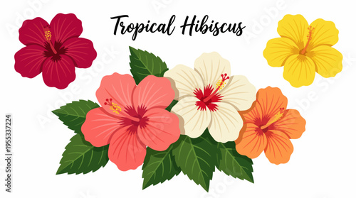 This enchanting illustration highlights a vibrant arrangement of tropical hibiscus flowers, celebrating nature's beauty with vivid colors and intricate details that evoke joy and serenity.
