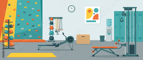 A well-equipped gym featuring a rock climbing wall, exercise machines, and weights, designed for fitness enthusiasts looking to engage in various training activities.