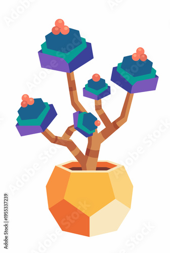 A stylized potted plant featuring geometric shapes and vivid colors, adding an artistic flair to any space, appealing to modern decor enthusiasts with a love for design.