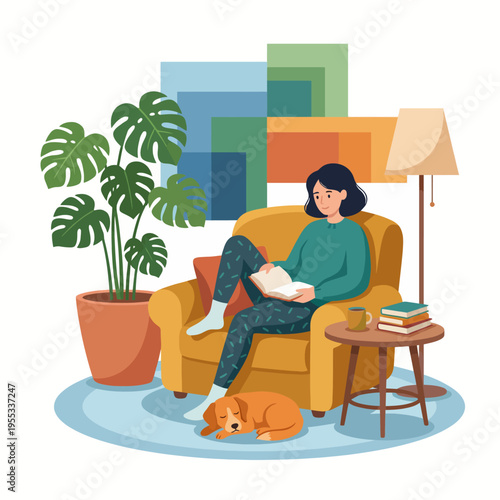 A serene reading corner featuring a cozy armchair, potted plant, dog, and books, providing a perfect escape for relaxation, comfort, and enjoying a good story at home.