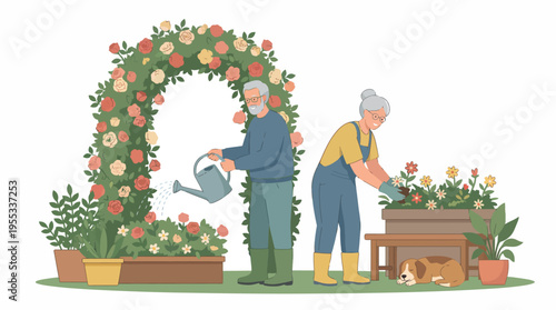 An elderly couple tends to their flower garden, highlighting the joy of gardening and nurturing plants while showcasing a vibrant natural setting filled with colorful flowers.