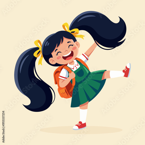 A joyful girl in a green school dress and pigtails waves happily, depicting the excitement of childhood and the fun of going to school with a cheerful expression.