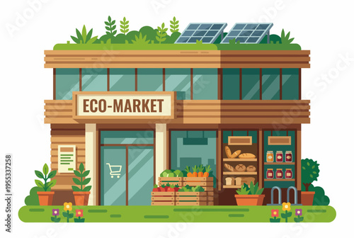 A modern eco-market with a sustainable design featuring solar panels, showcasing a commitment to the environment with plants and fresh organic products outside.