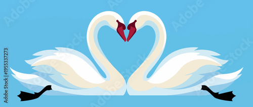A beautifully illustrated pair of swans creates a heart shape with their necks, representing love and harmony against a serene blue backdrop for a visually striking effect.