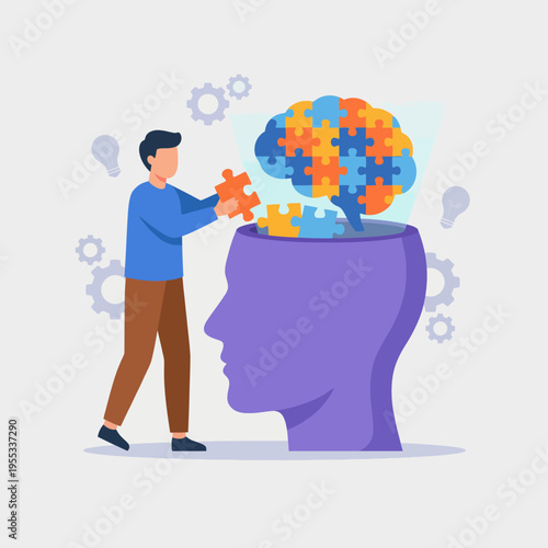 An illustration demonstrating a person assembling colorful puzzle pieces into a brain symbolizes creativity, mental processes, and problem-solving in an engaging and imaginative manner.