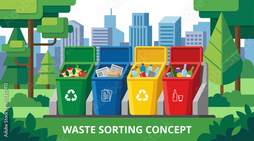 This illustration showcases a waste sorting station featuring colorful bins for recyclables, promoting eco-friendliness and awareness towards sustainable waste management practices.