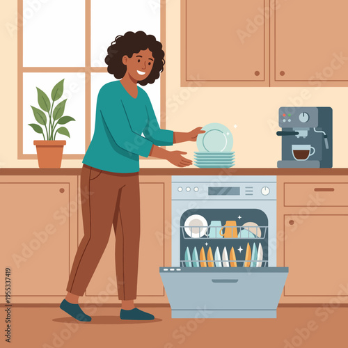 A joyful woman loads a dishwasher in her cozy kitchen, symbolizing domestic life and modern conveniences while maintaining a cheerful atmosphere and organized living space.