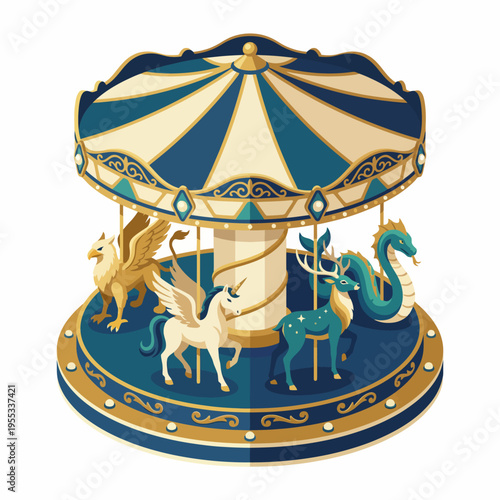 An opulent carousel featuring artistic representations of mythical creatures such as unicorns and griffins, creating a whimsical, enchanting atmosphere.