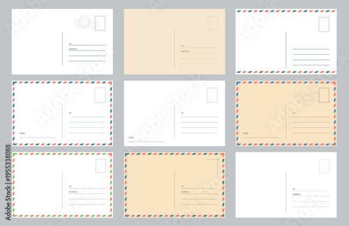 Set of old Empty back of postcard for travel, Airmail. Vector vintage template for design, card illustration
