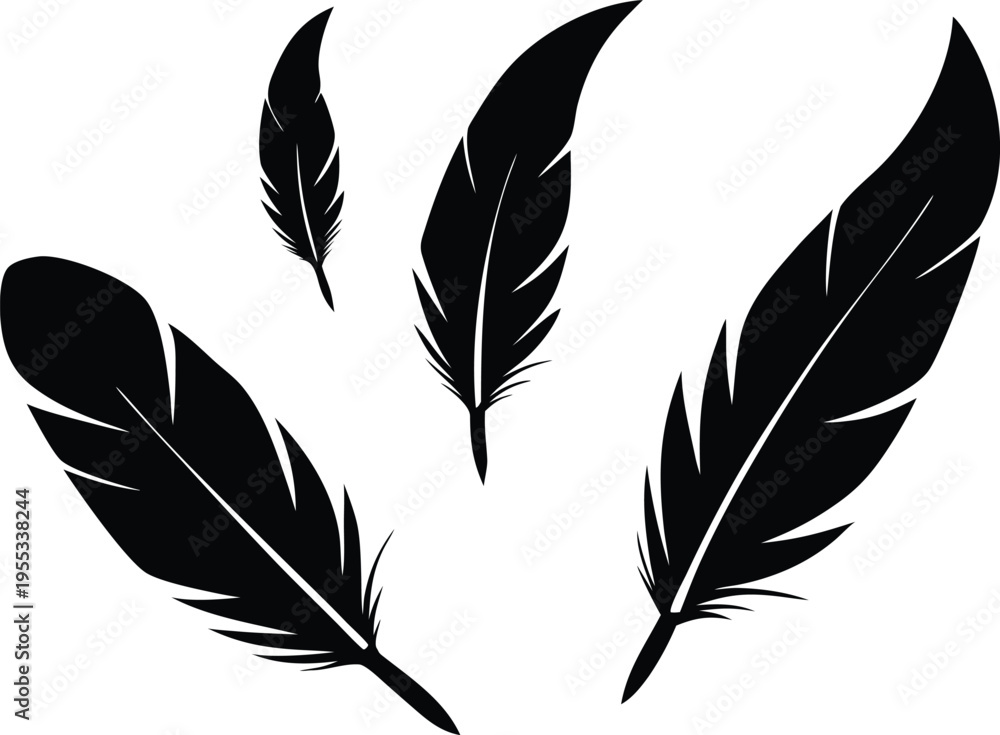 Obraz premium Bird feather icon isolated on a white background. Black abstract feather silhouette collection. Elegance feather element decoration. Vector illustration. EPS 10