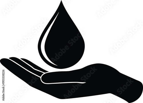 A minimalist illustration depicts a hand cupping a water droplet. Black silhouette against white