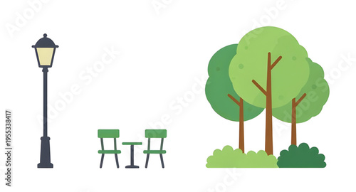 tree, park, bench, chair, table, streetlight, lamp, nature, outdoor, garden, landscape, urban, city, public, green, grass, plant, wood, seat, furniture, lighting, light, pole, decoration, environment,