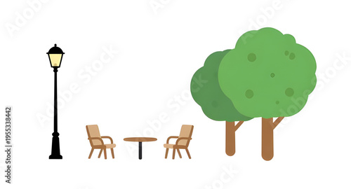 park, tree, bench, chair, table, streetlight, lamp, nature, outdoor, garden, landscape, urban, city, public, green, grass, plant, wood, seat, furniture, lighting, light, pole, decoration, environment,