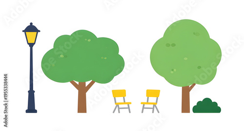 park, tree, bench, chair, table, streetlight, lamp, nature, outdoor, garden, landscape, urban, city, public, green, grass, plant, wood, seat, furniture, lighting, light, pole, decoration, environment,