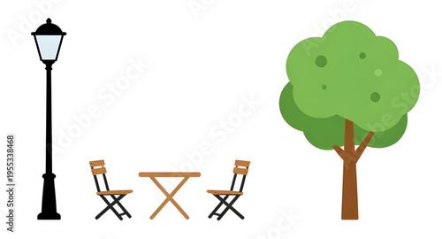 tree, park, bench, chair, table, streetlight, lamp, nature, outdoor, garden, landscape, urban, city, public, green, grass, plant, wood, seat, furniture, lighting, light, pole, decoration, environment,