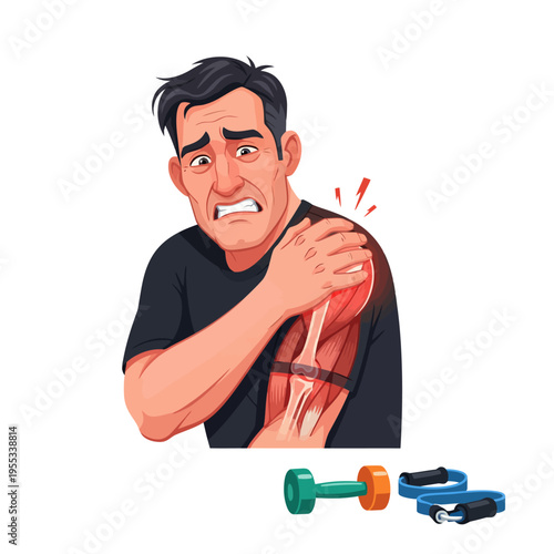 Man clutching shoulder with muscle injury and pain illustration