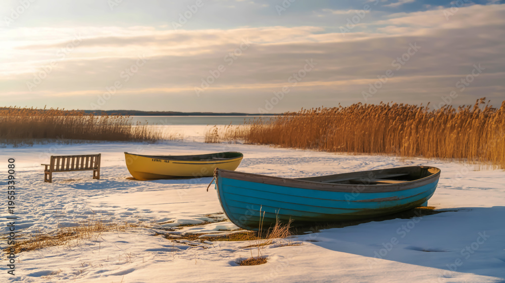 Obraz premium A serene winter scene with two boats and a bench on a frozen lake surrounded by tall reeds and snow under a cloudy sky with sunshine.