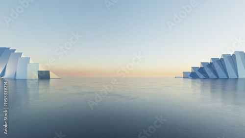 Abstract architecture background, Titanium Twisted Geometric Building, Glass or metallic Building is on empty concrete floor, Scene for car presentation, Modern Exterior, 3D rendering