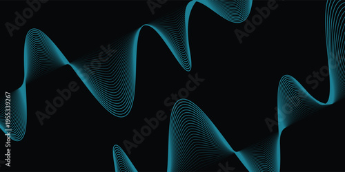 Garis bergelombang biru abstrak dari gelombang suara. Gelombang berdenyut gradien dinamis. Konsep konsep musik neon, simbol frekuensi musik digital. Ilustrasi vektor di latar belakang hitam