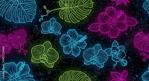 Vibrant Neon Floral Pattern with Tropical Leaves and Orchids.