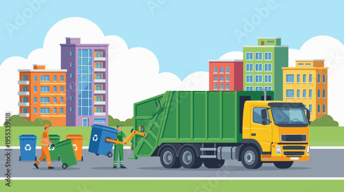 This illustrative scene portrays a garbage truck collecting bins in an urban setting, highlighting the importance of waste management and community cleanliness.