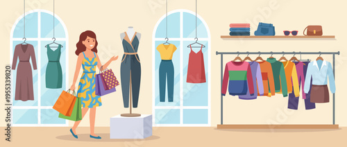 An illustration depicting a cheerful shopper in a clothing store filled with colorful garments, embodying the joy of retail therapy and fashion exploration.