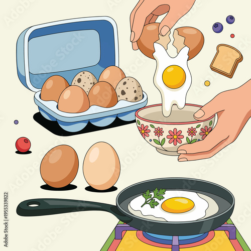 An illustrated scene of a person cracking eggs into a bowl, with a frying pan on the stove, symbolizing the joy of cooking and the preparation of a hearty breakfast.