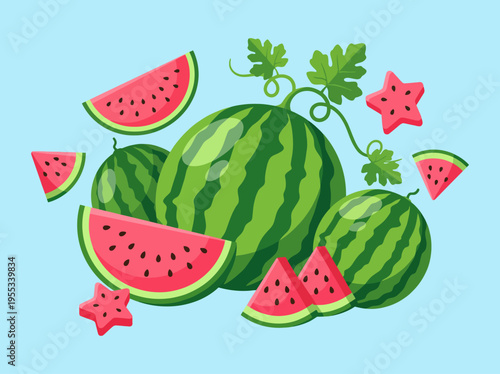 A delightful illustration featuring slices of watermelons in bright colors, capturing the essence of summer and refreshment, ideal for food and beverage themes.
