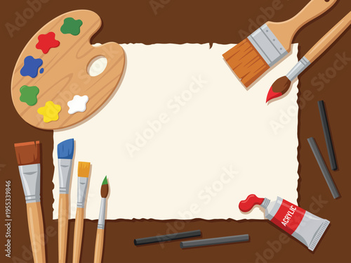 This image features an artist's palette surrounded by brushes and acrylic paint tubes, representing creativity and the joy of artistic expression in painting.