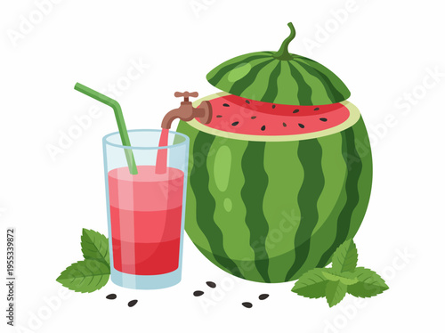 This vibrant image showcases a watermelon drink with a straw, filled with refreshing juice, perfect for summer gatherings and parties. Enjoy this unique beverage artwork!
