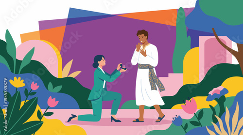 This heartwarming illustration captures the moment of a marriage proposal in a vibrant garden, celebrating love and connection in a picturesque setting.